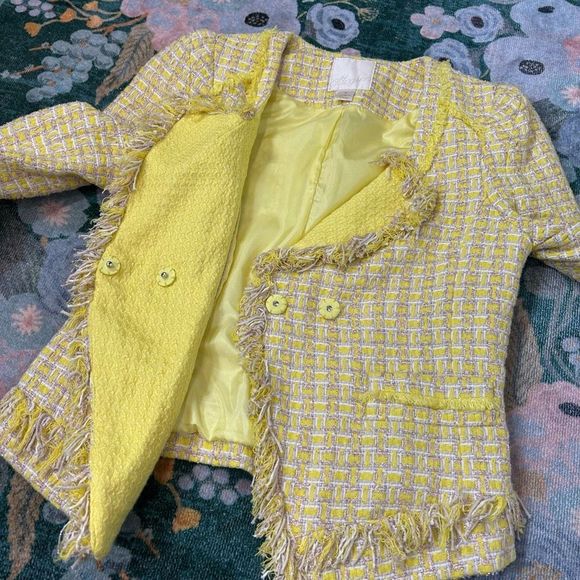 Boucle Tweed Blazer Chanel Style Jacket in Fringed Yellow HTF Super RARE - Picture 12 of 15
